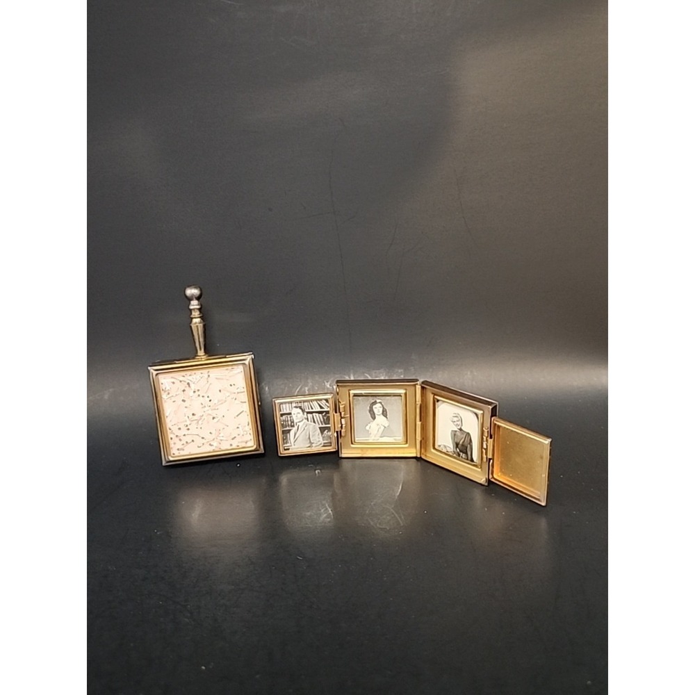 Vintage MCM Goldtone Confetti Lucite Pocket Ashtray & Matching Picture Frame
